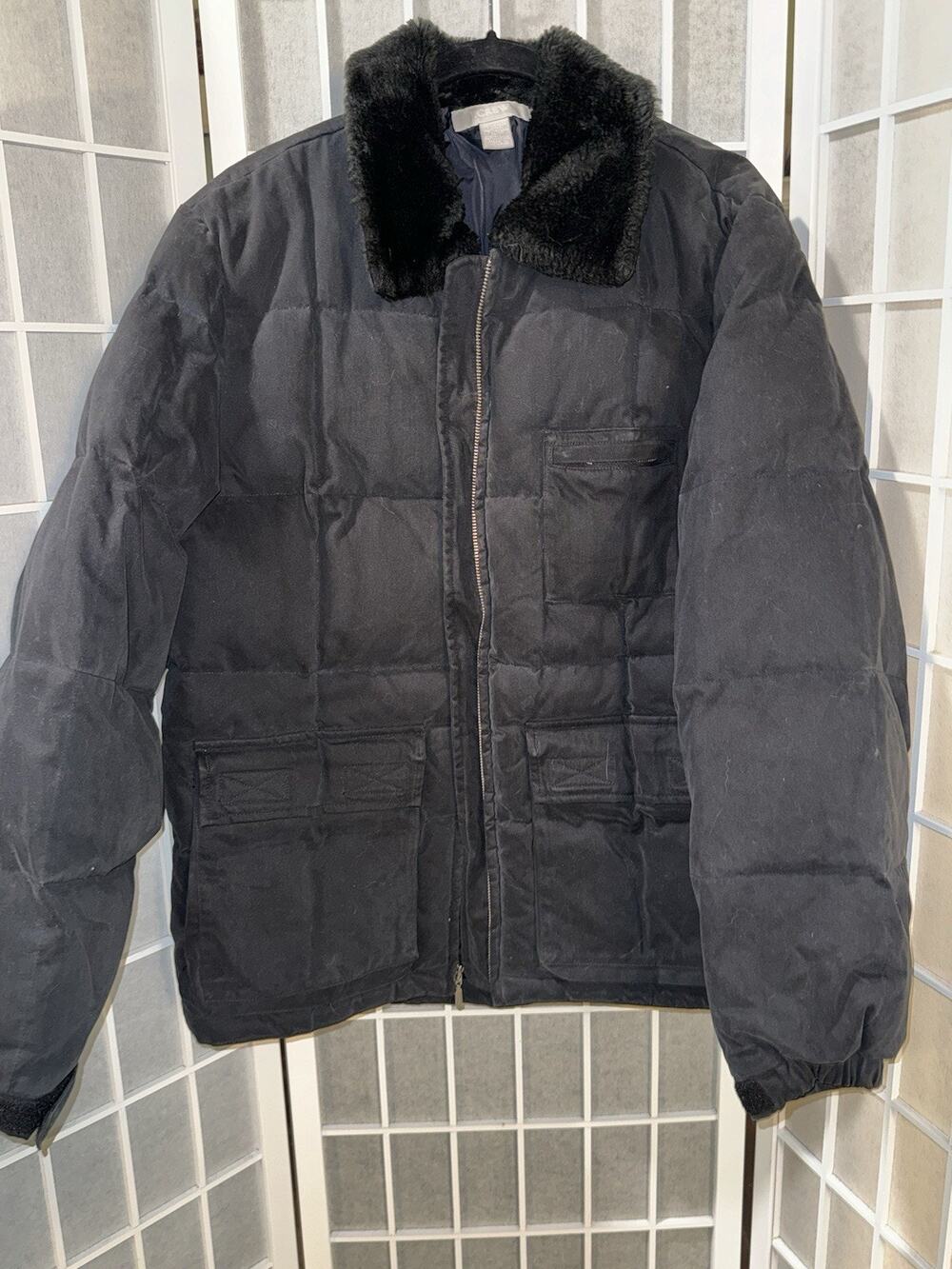 J. Crew Factory Men's Black Faux Fur Collar Lined Coat Medium